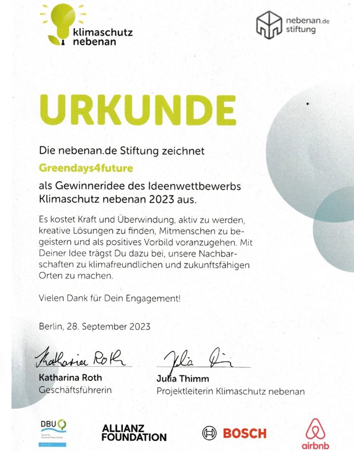 Urkunde der nebenan.de Stiftung vom 28. September 2023: Greendays4future wird als Gewinneridee des Ideenwettbewerbs Klimaschutz nebenan 2023 ausgezeichnet