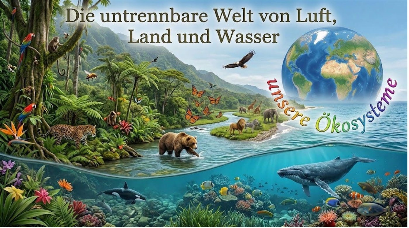 Illustration 'Die untrennbare Welt von Luft, Land und Wasser — unsere Ökosysteme': Dschungel, Fluss und Korallenriff mit Tieren, daneben die Erde als Globus