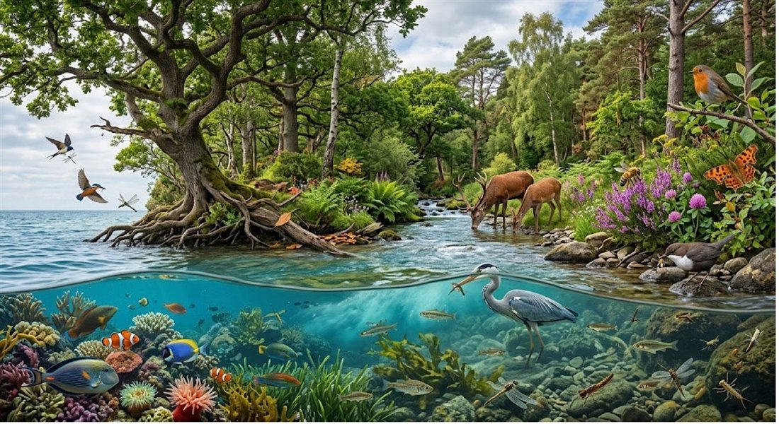 Waldlichtung an einem Fluss, der ins Meer mündet, mit Rehen, Vögeln und einem Fischreiher — Übergang von Land- zu Wasser-Ökosystem