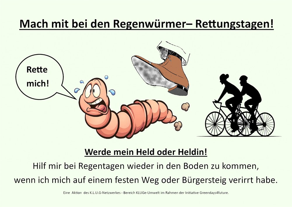 Plakat 'Mach mit bei den Regenwürmer-Rettungstagen!' mit Tony, dem Regenwurm, der vor einem Schuh gerettet werden will
